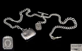 Antique - Good Quality Long and Solid Silver Double Albert Watch Chain with Attached Silver Vesta