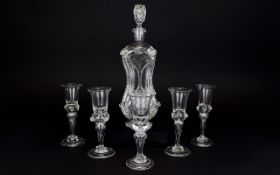 French 19th Century Fancy Figure of Eight ( Hour Glass ) Shaped Glass Decanter with Matching Set of