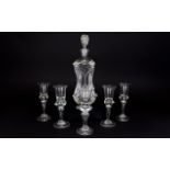 French 19th Century Fancy Figure of Eight ( Hour Glass ) Shaped Glass Decanter with Matching Set of