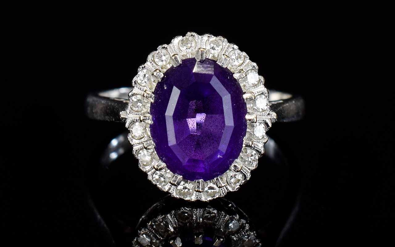 18ct White Gold Amethyst and Diamond Cluster Ring. The Central Amethyst of Wonderful Deep Colour.