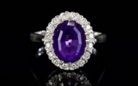 18ct White Gold Amethyst and Diamond Cluster Ring. The Central Amethyst of Wonderful Deep Colour.