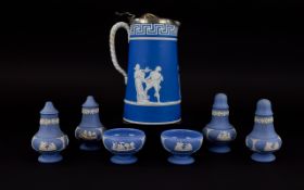 Blue Wedgwood Jasper Ware Silver Plated Tankard with classical images to surface and measuring in 8