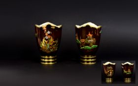 Carlton Ware Rouge Royale Pair of Stylish Tulip Shaped Vases with 3 Gold Painted Bands to Bases.