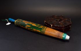 A Vintage Oriental Paper Parasol And Wooden Jewellery Box Octagonal wooden box hand decorated with