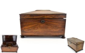 Regency Period Rosewood Tea Caddy of Classical Sarcophagus Form. The Lid Opens to a Pair of Mahogany