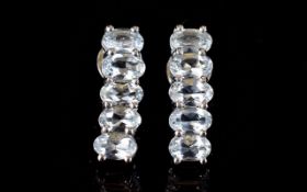 Aquamarine Five Stone Curved Drop Earrings, five oval cut aquamarines to each earring, set