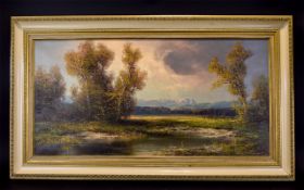 A Framed Oil On Canvas Landscape By Hans Wagner Large landscape with pond to foreground and