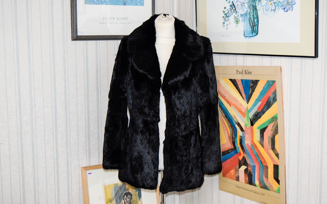 A Ladies Vintage Rabbit Fur Jacket Black Coney jacket with concealed hook and eye closure,