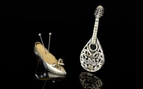 European - Late 19th Century Miniature Well Made Musical ( Lute ) Instrument. Marked 800 Silver.