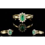 Ladies 9ct Gold Set Emerald and Diamond Cluster Ring, Flowerhead Setting,