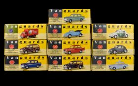 A Collection Of Vanguards Cars 10 in total. Including B.S.M Herald, Pale Green Ford Anglia, Pale