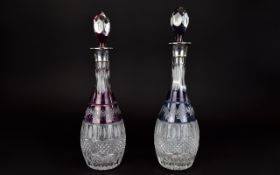 Elizabeth II Period Superb Pair of Clear / Coloured Deep-Cut Crystal Decanters with Silver Collars