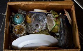 Box of Ceramics and Glass including Sadler teapots, glass decanters, Enoch Wedgwood serving plate,