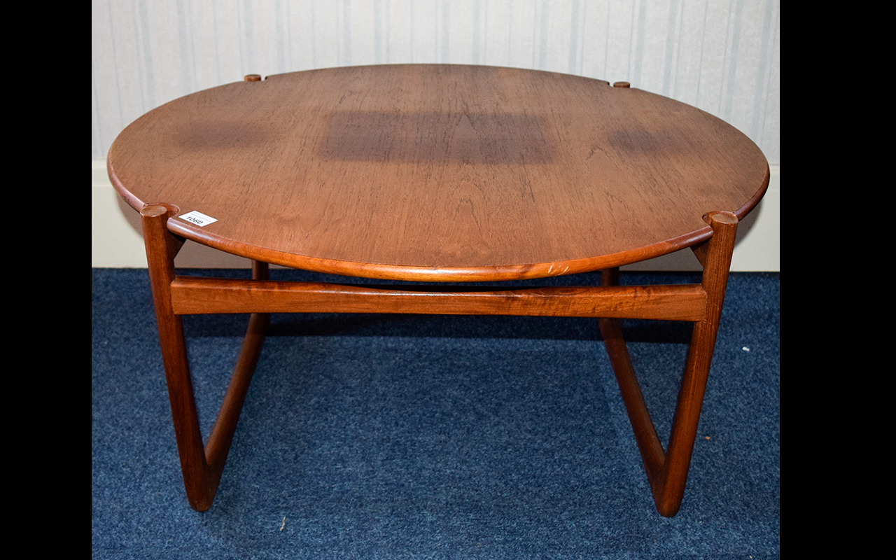 Scandinavian Style Mid Century Coffee Table, low teak table with circular top and organic form