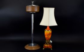 1960's Floor Standing Ashtray. Together with an Onyx lamp with cream shade, standing on a square