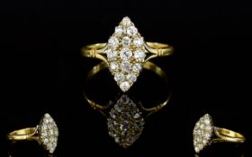 18ct Gold and Platinum Set Marquis Shaped Diamond Cluster Ring. From The 1920's Period. The Old