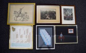 A Collection Of Framed Original Artworks And Prints Six items in total to include pencil and ink