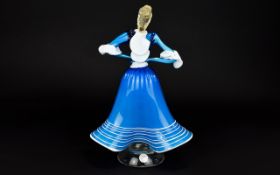 Murano Glass 1960's - Blue and White Courtisan Figurine with Murano Silver Label to Base - Please
