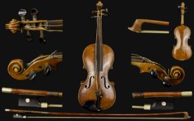 19th Century Good Quality Violin with Bow - Needs Attention. Marked John. J. Scott , no Label.