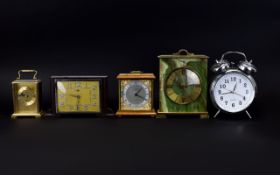 Collection of Mantle Clocks. To include oversized alarm clock, brass carriage clock, onyx clock etc