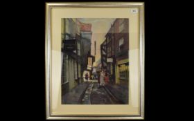 Original Pastel Drawing By A Collins 'The Shambles York' Framed pastel drawing depicting a group