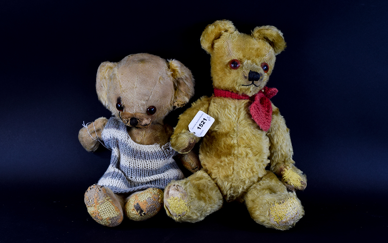 Two Vintage Teddybears 1930's jointed mohair bear with amber eyes, red knitted scarf and growl still