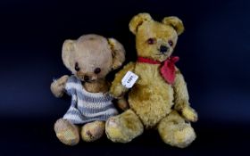 Two Vintage Teddybears 1930's jointed mohair bear with amber eyes, red knitted scarf and growl still