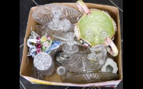 Box of Ceramics and Glass including candle holders, Royal Adderley flower posy, vases, two handled