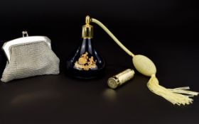 A Vintage Limoges Castel Ceramic Perfume Atomiser Along With Handbag Atomiser And Chainmail Purse