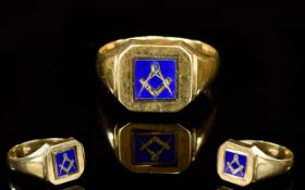 Masonic 9ct Gold and Enamel Two Sided Signet Ring. Fully Hallmarked - Please See Photo. 6.2 grams.