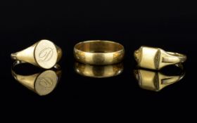 9ct Gold Wedding Band + Two 9ct Gold Gents Signet Rings. All Fully Hallmarked. 8.5 grams.