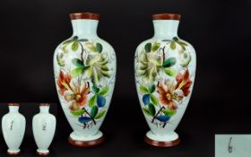 Victorian Period Pair of Impressive Opaline - Powder Blue Glass Vases, Decorated with Hand Painted