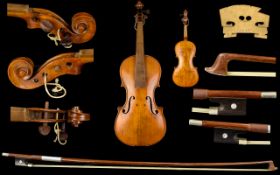 French Late 19th / Early 20th Century Violin. A/F. Comes with Bow and Bridge Marked Paris. 1 Piece