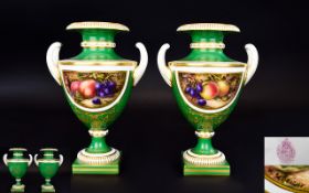 Royal Worcester Very Fine Pair of Hand Painted and Signed Twin Handle Urn Shaped Vases,