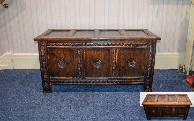Early 18th Century Well Proportioned Oak Coffer / Chest, 4 Panels, Top / Cover with 3 Front