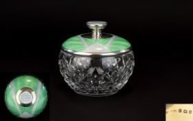 Art Deco Period - Wonderful Quality Silver and Enamel Topped Cut Glass Vanity / Trinket Jar.