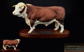 Beswick Farm Animal Figurine - Connoisseur Series ' Hereford Bull ' on Teak Plinth.