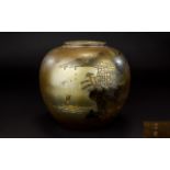 Early 20th Century Japanese Bronze Vase/Ginger Jar Etched decoration to body depicts mountains, lake