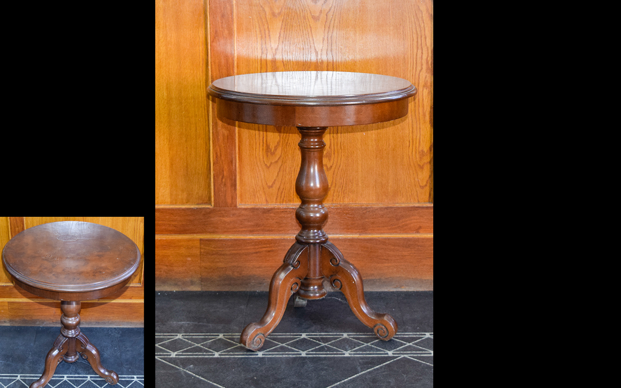 Antique Scandinavian Occasional Table Small mahogany table with trefoil carved legs and circular