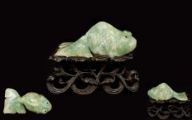 Antique Period - Chinese Superb Quality and Well Carved Green Jade Figure / Sculpture of a Koi Fish,