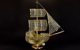 A Large And Impressive Gilt Metal And Murano Glass Crystal Table Lamp In The Form Of A Galleon.