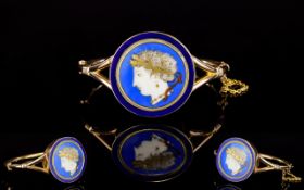 Victorian Period Superb Quality 9ct Gold And Enamel Portrait Hinged Bangle Features a central
