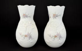 A Pair Of Kaiser Bisque Porcelain Vases In 'Rosalie' Pattern Two ovoid vases with fluted rim detail,
