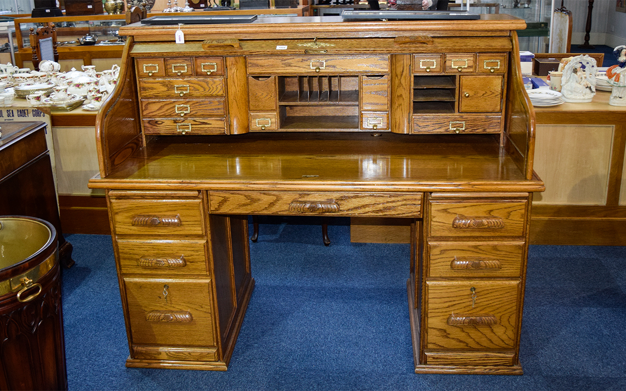 Large Mid 20thC Roll Top Writing Desk, Fully Fitted Interior Containing Pigeon Holes, Drawers/