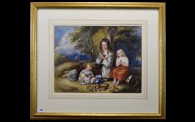 Lucy Archer 19th Century Artist Titled ' The Picnic ' Watercolour. Signed, Mounted and Framed Behind