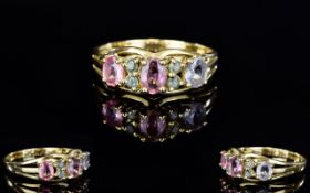 9ct Gold Multi Coloured 7 Stone Set Dress Ring. c.1970's. Fully Hallmarked. Ring Size - R.