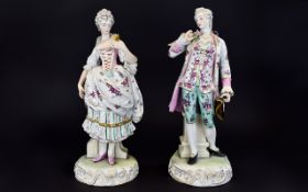 Germany Dresden Pair of Mid 20th Century Large and Decorative Hand Painted Porcelain Male and