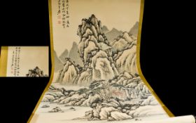 Antique Chinese Hanging Scroll Early 20th century large hanging landscape scroll in traditional