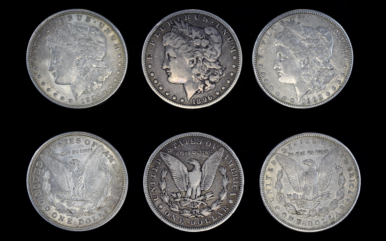 United States of America Silver Morgan One Dollars ( 3 ) High Grade Coins In Total.