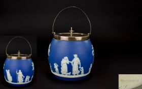 Wedgwood Jasper Ware Biscuit Barrel embossed with classical scene decoration and with silver plated